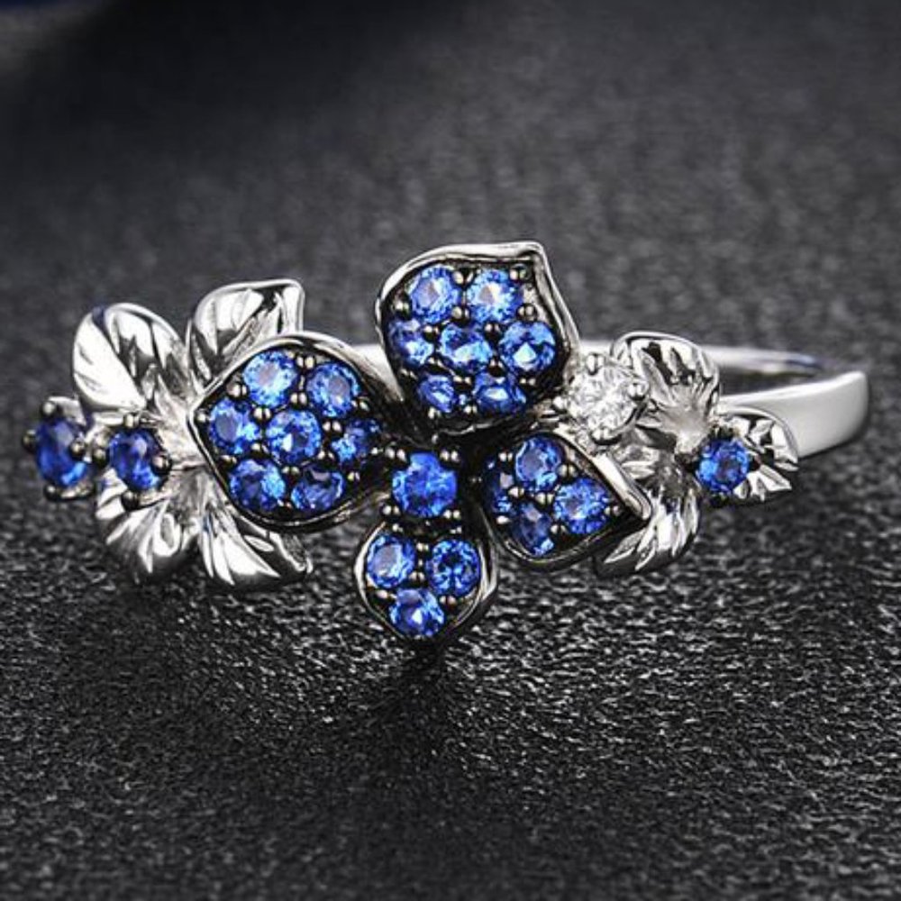 Royal Blue Flower Crystal Rhinestones Silver Rings Size 8